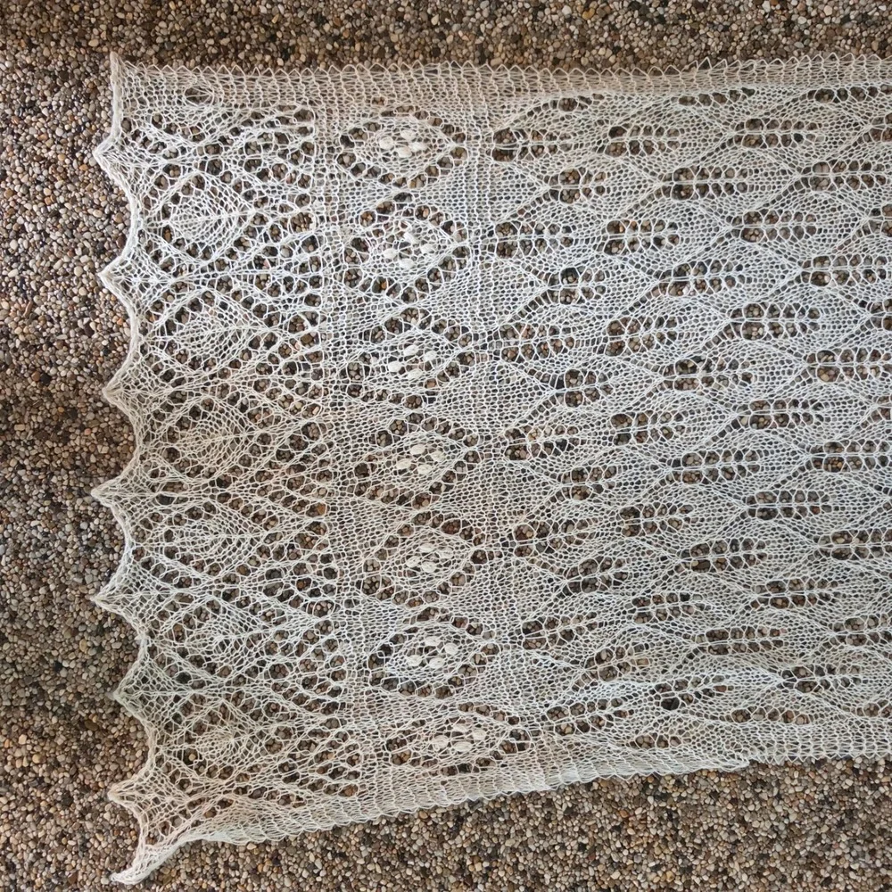 Cream Lace Knit Shawl Rectangular Scalloped Edge Open Weave Wrap Scarf 66x17